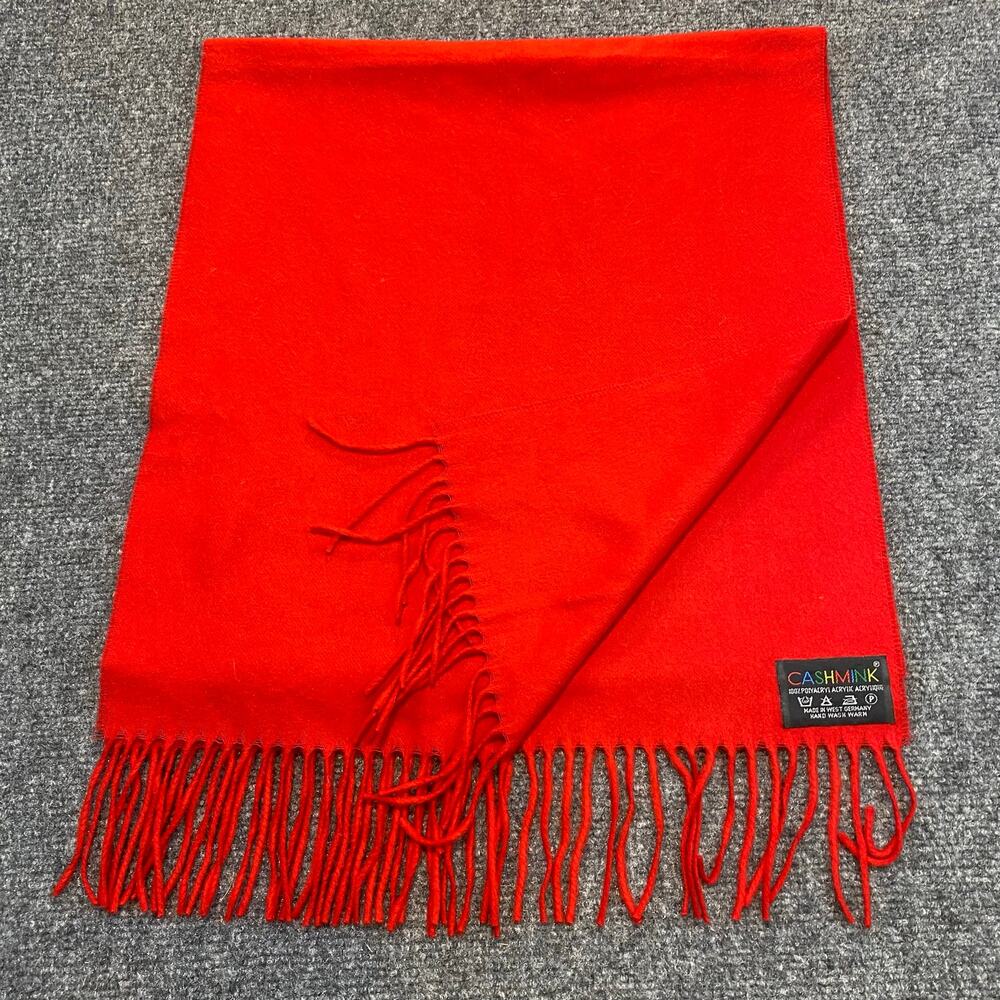 Vintage 80s 90s Cashmink Womens Red Fringe Acrylic Scarf Wrap Shawl 16x68